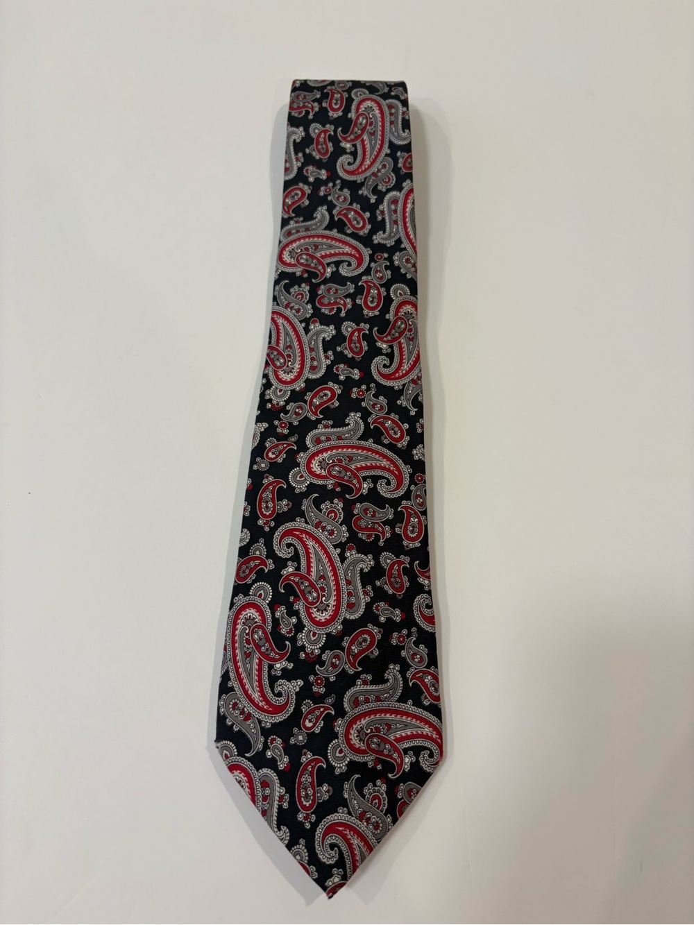 Christian Dior Black Paisley Silk Tie with Red and Silver Accents